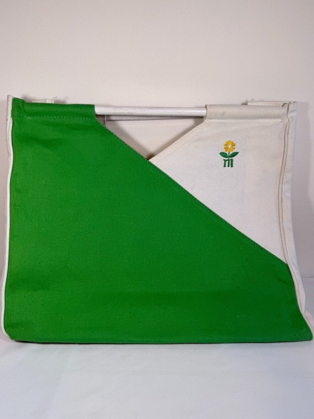 80s Wooden Handle Colorblock Canvas Tote Green White Bag Vintage - Picture 2 of 12